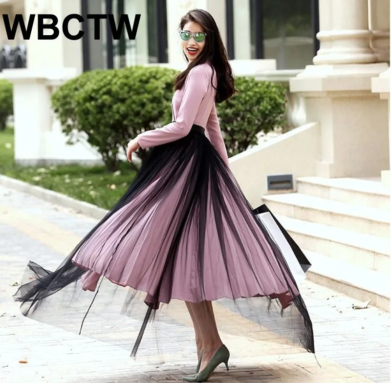 WBCTW Maxi Tulle Skirts XXS 10XL Plus Size 2018 Autumn Spring PU Waist Black Runway Skirts Women