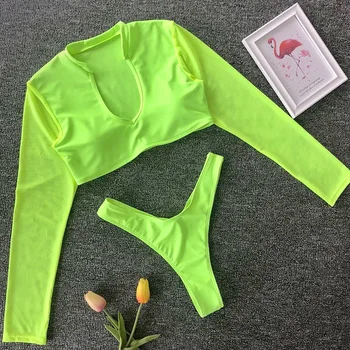 

Neon Mesh Long Sleeve Thong Bikini 2019 Women Swimsuit Brazilian Swimwear Female Bikini Set High Leg Cut Bathing Suit swim wear