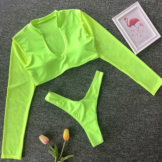 Best Price Neon Mesh Long Sleeve Thong Bikini 2019 Women Swimsuit Brazilian Swimwear Female Bikini Set High Leg Cut Bathing Suit swim wear Best Price Neon Mesh Long Sleeve Thong Bikini 2019 Women Swimsuit Brazilian Swimwear Female Bikini Set High Leg Cut Bathing Suit swim wear