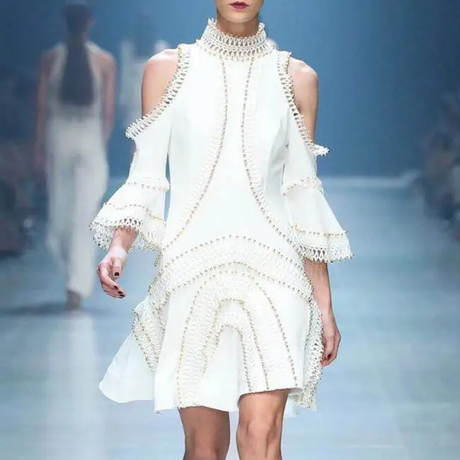 

2019 Spring Summer Runway Designer Flare Sleeve Vintage Beading Embroidery Dress Female Mini Dress Luxury Designer Dress Women