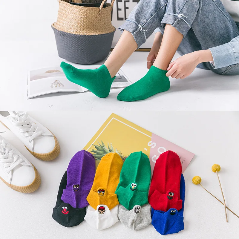 50 Pair Summer Women Socks Funny Cartoon Embroidered Expression Fashion Ankle Cotton Breathable Candy Color Sock | Женская одежда