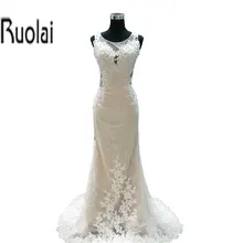 2017 New Arrival Sexy Lace Appliques Pearls Tulle Mermaid Wedding Dresses Scoop Sleeveless Sheer Back Bridal Gowns Custom Made