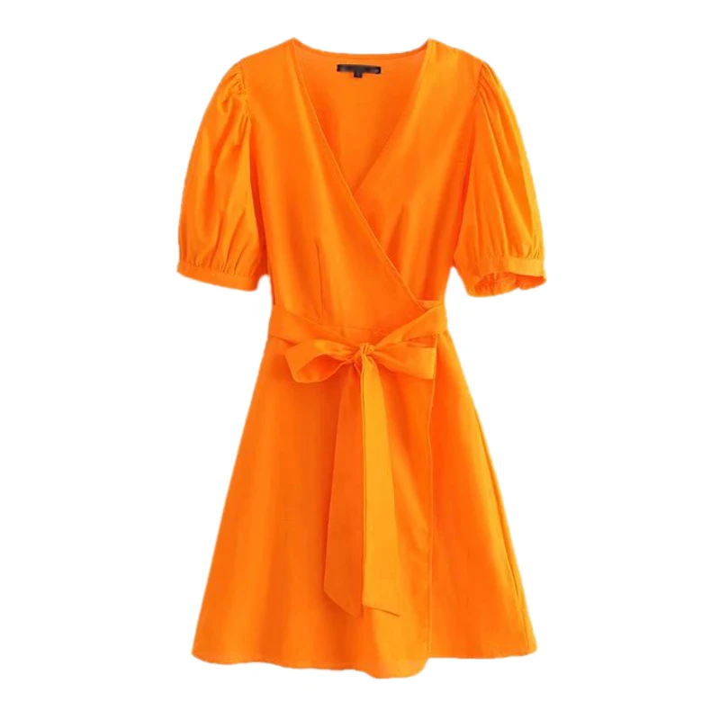

Women Sweet Cross V Neck Wrap Knee Length Dress Bow Tie Sashes Puff Sleeve Cute Female Beach Style Dresses FFZYQ349