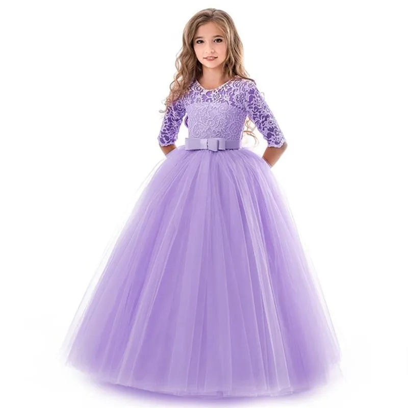 Детское бальное Вечернее платье с цветочным рисунком для девочек пышное платье принцессы с длинными рукавами для первого причастия Vestido Comunion - Цвет: purple