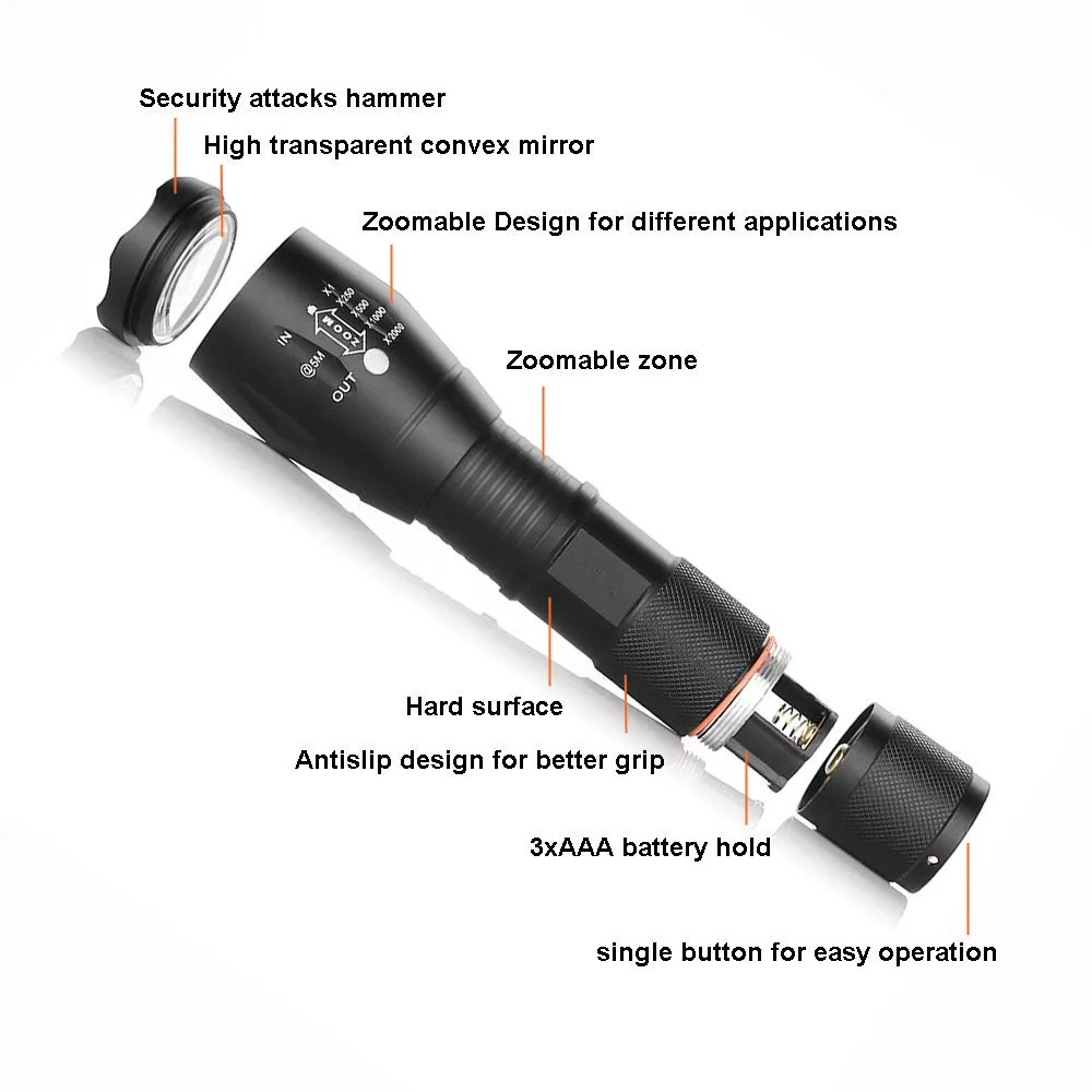 yunmai led 3800 LM 5-Mode linterna XM-L T6 LED Flashlight Zoomable Focus Torche zaklamp hand Light by 18650 or 3*AAA camping Q20