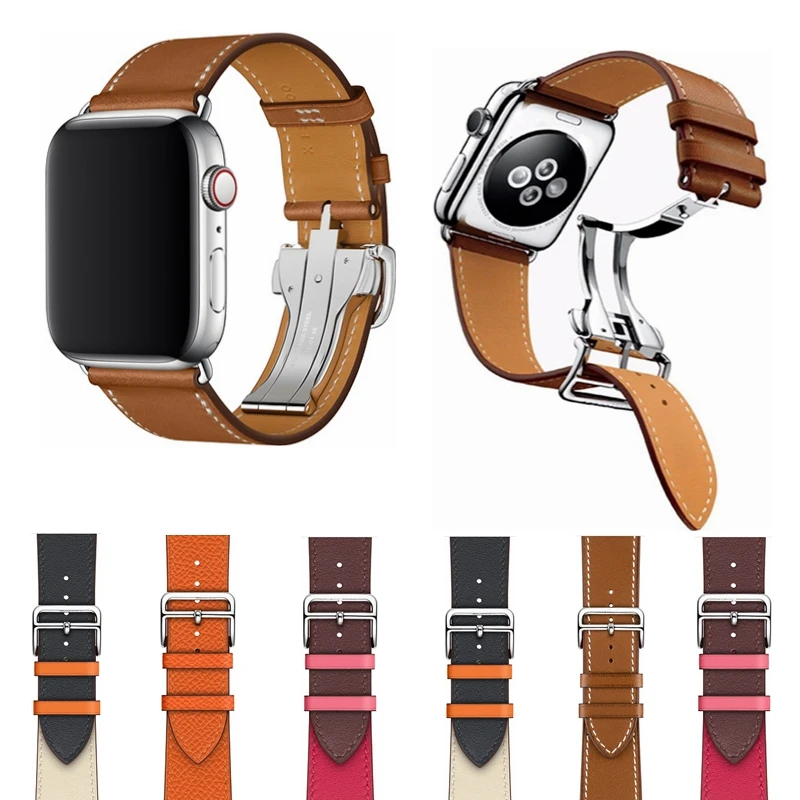 

For iWatch 4 44MM 40MM Folding Clasp Double Color Leather Watch Band Strap for Apple Watch 42MM 38MM Series 4 3 2 1 Replacement