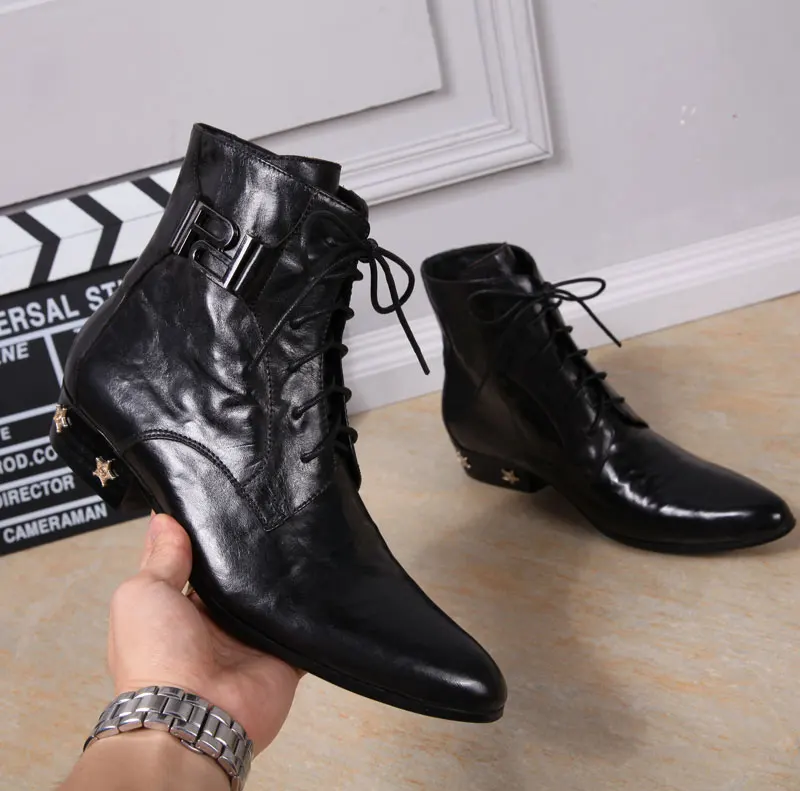 New Imitate Geniune Leather Men Oxford Shoes Pointed Toes Lace-Up High Top Men's Boots Star Rhinestone Low Heel Male Dress Shoes New Imitate Geniune Leather Men Oxford Shoes Pointed Toes Lace-Up High Top Men's Boots Star Rhinestone Low Heel Male Dress Shoes