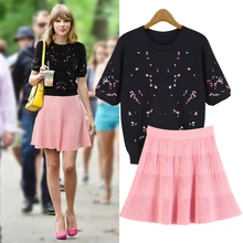 2016 Automne T-shirt Sleeve Embroidery Sweater + A Word Skirt Suit Black As1614