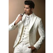 Свадебный Смокинг цвета слоновой кости с вышивкой, мужские свадебные костюмы(пиджак+ брюки+ жилет+ галстук