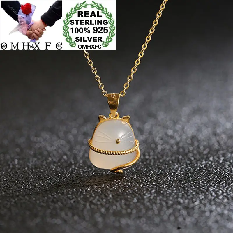 

OMHXFC Wholesale European Fashion Woman Party Birthday Gift Lucky Cat Chalcedony 100% S925 Sterling Silver Pendant Necklace CH53