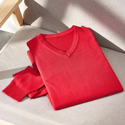 Весенне-осенний мужской простой Однотонный свитер с v-образным вырезом модный мужской свободный хлопковый Повседневный вязаный пуловер свитер - Цвет: 0501 red