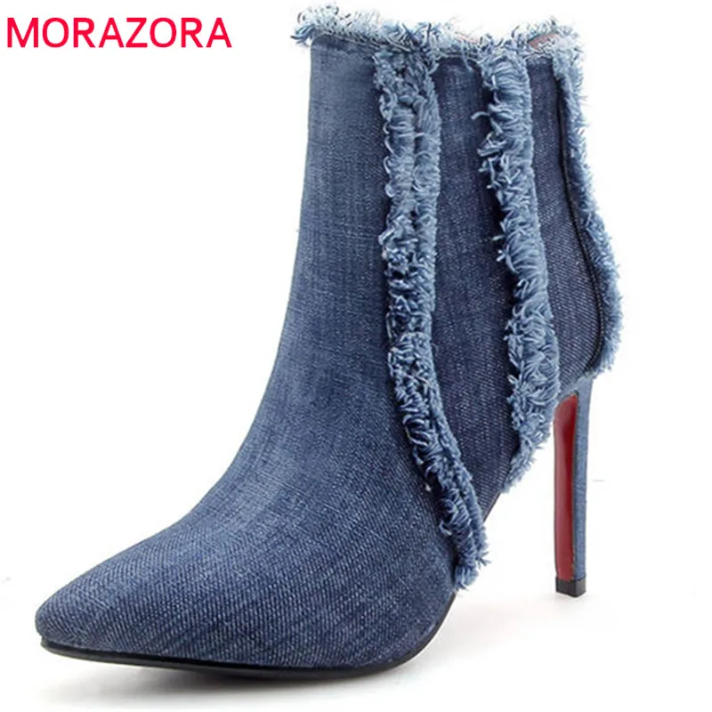 

MORAZORA 2020 hot sexy stiletto heels boots women pointed toe ankle boots top quality denim fashion boots elegant party shoes