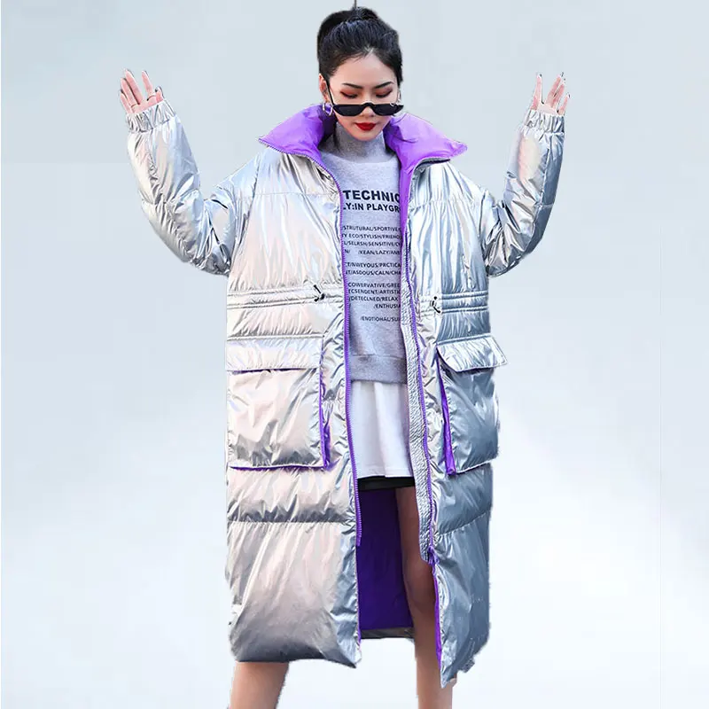 Серебряное блестящее женское пуховое пальто зимняя куртка модный длинный пуховик Женская Толстая теплая парка больших размеров пальто уличная