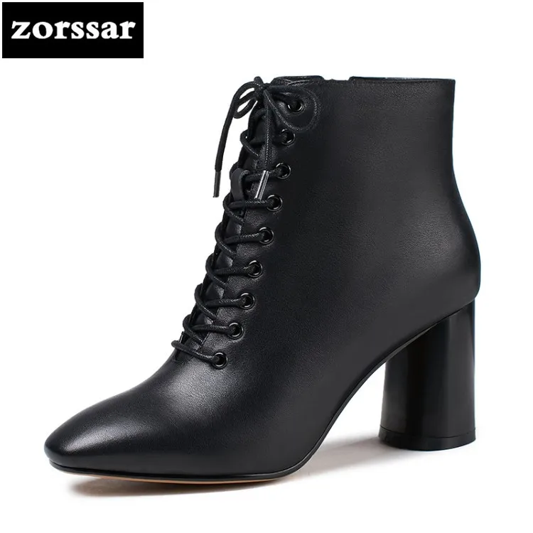 

{Zorssar} women boots high heels ankle boots big size 2018 Genuine Leather Motorcycle boots heels autumn winter Female shoes