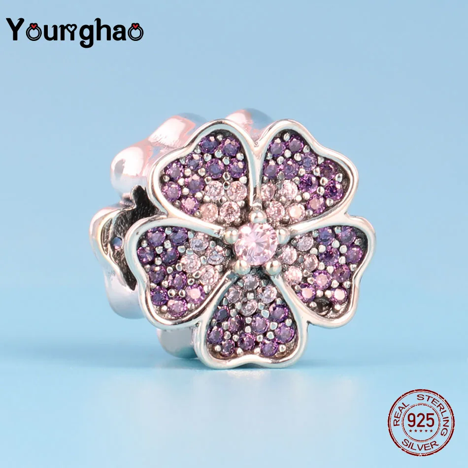 

Younghao 925 Sterling Silver Zircon Crystal Purple Cherry Grass Beads Fits Pandora Charms Bracelet DIY Jewelry Making Women Gift