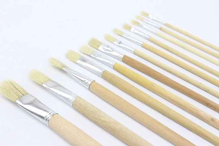 

12pcs/Set pig bristle wooden brush flat head single water color brush gouache oil paint brush Paintbrush Art Supplies Stationery