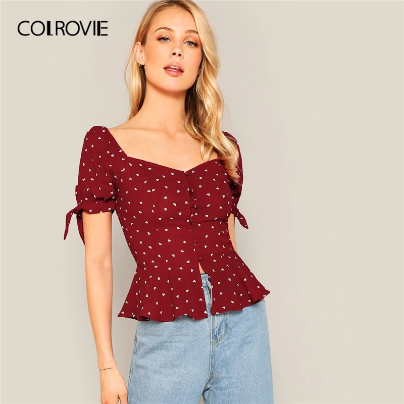 

COLROVIE Red Print Sweetheart Neck Knot Sleeve Button Front Elegant Blouse Women Tops 2019 Summer Korean From Fitted Sexy Shirts