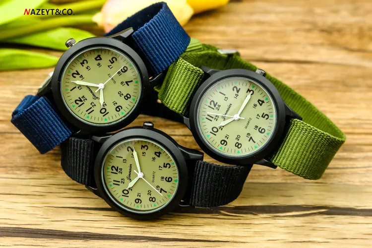 Nazeyt midlle студенческие армейские спортивные часы для женщин для мужчин красочный нейлоновый ремешок светящиеся стрелки кварцевые часы для