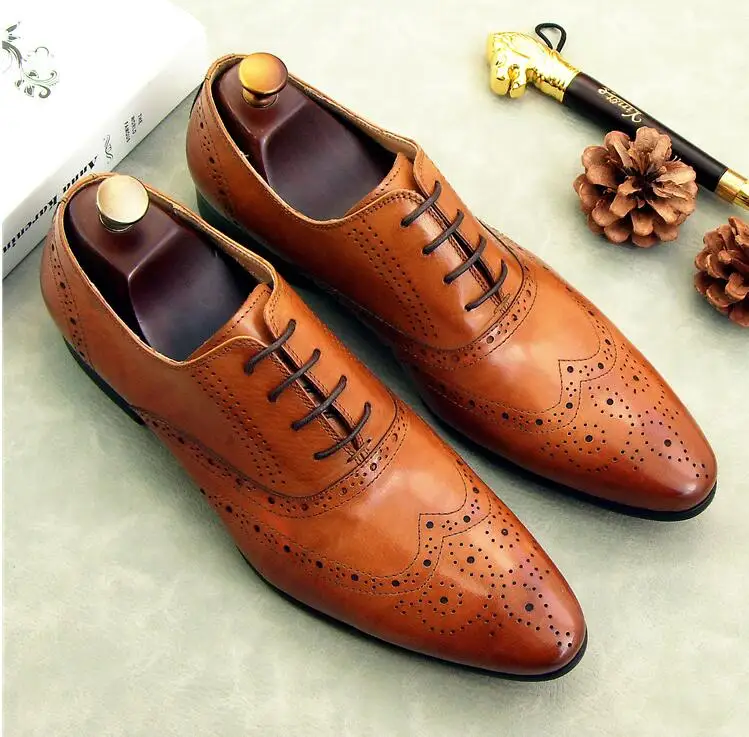 Brogue shoes men lace up pointed toes genuine leather dress shoe smart ...