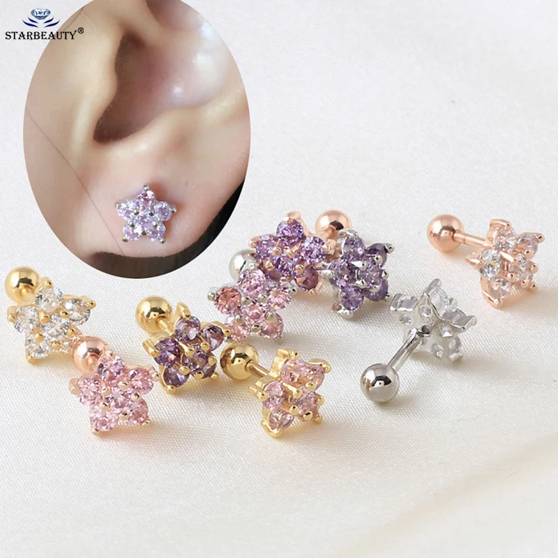 

2017 New Rose Gold Flower Crystal Cartilage Stud Earring Tragus Helix ear Piercing Top Upper Labret Body Jewelry