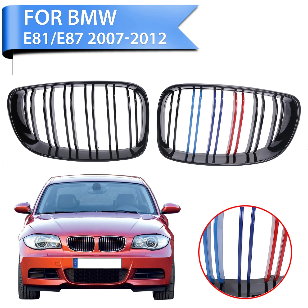 

Car Styling Front Grill Kidney Grille Double Slat Lattice For BMW 1 Series E81 E87 E82 E88 128i 135i Gloss Black M-color #P426