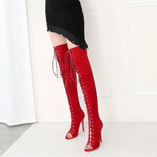 Faux Suede Slim Boots Sexy Over The Knee High Women Thigh High Boots Gladiator Shoes Woman Boots Lace Up Peep Toe Shoes - Цвет: Red