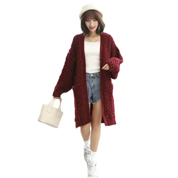 

Sweater Women Wine Red Camel Plus Size Loose Long Cardigans 019 New Autumn Winter Fashion Thick Knitted Sweaters Feminina LD1134