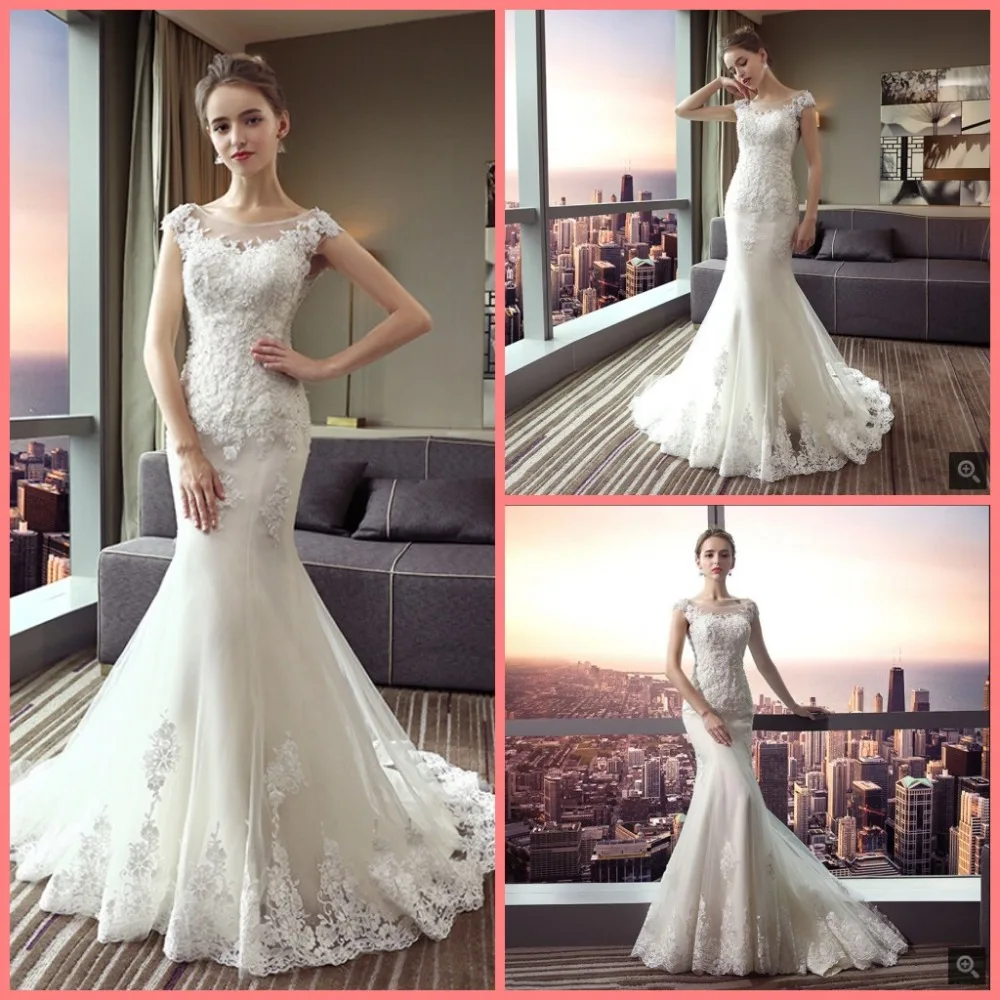 2019 new arrival white lace mermaid wedding dress cap ...