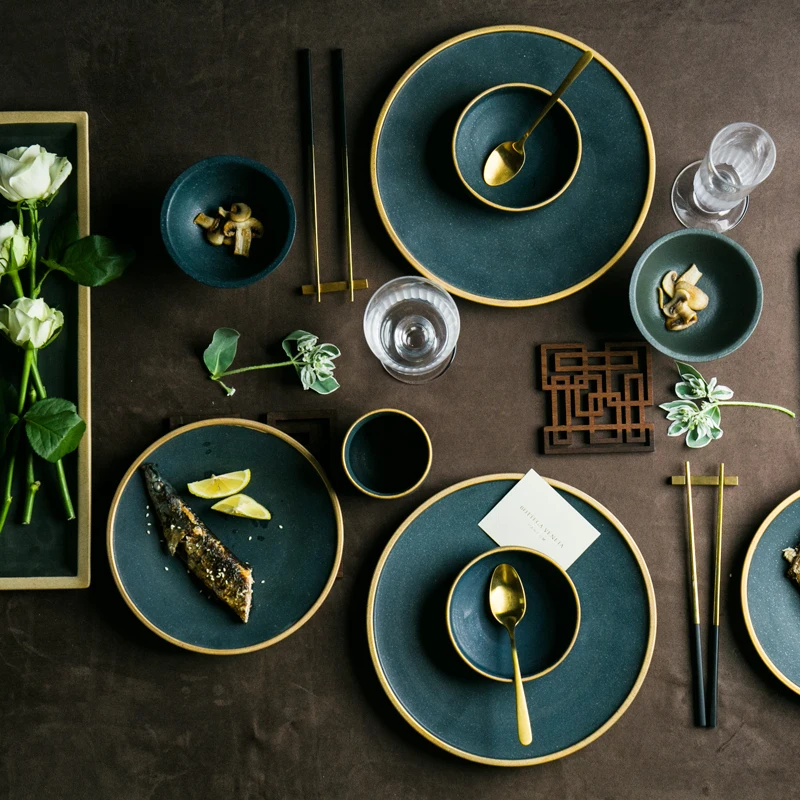 

Ceramic Gold Inlay Plates Steak Food Dish Nordic Style Retro Tableware Bowl Ins Dinner Plate Cup High End Dinnerware Set