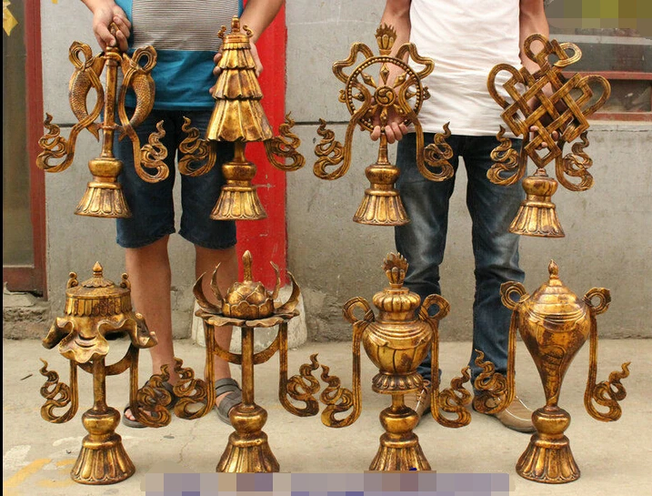 

shitou 002823 20" Old Tibet Buddhist Ritual Exorcise Bronze Gilt 8 Auspicious Symbol Statue