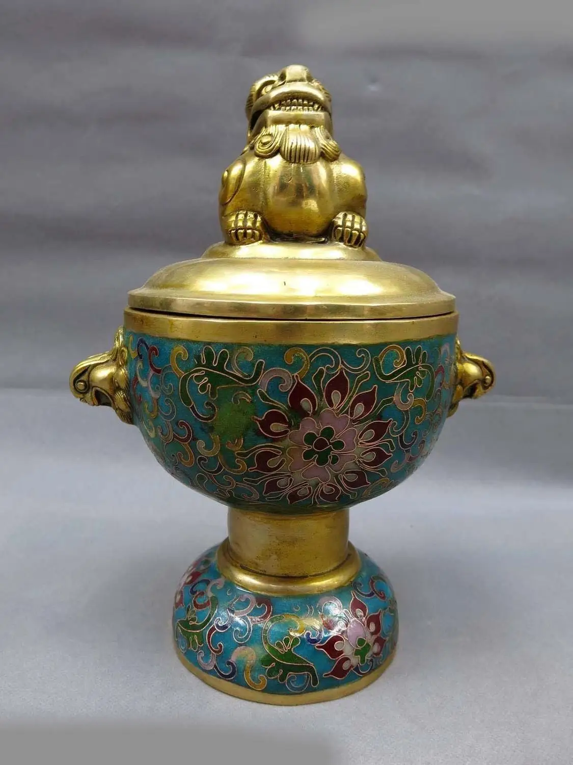 

10" China bronze Cloisonne censer fine blue Foo Dogs Lion incense burner Statue