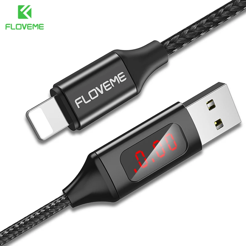 FLOVEME светодиодный цифровой USB кабель для iPhone X 7 8 плюс 6 Зарядное устройство 2.1A(макс.) напряжение ток Дисплей зарядки данных нейлон плетеный кабель for iphone lighting usb cable кабель - Цвет: Black