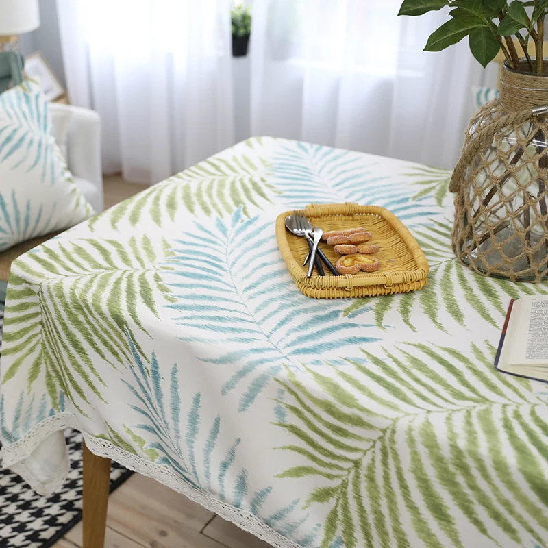 

American Country Style Dining Table Cloth Rectangular Tablecloth Coffee Cloth Green Leaves Artistic Cushion Cover Home Decor
