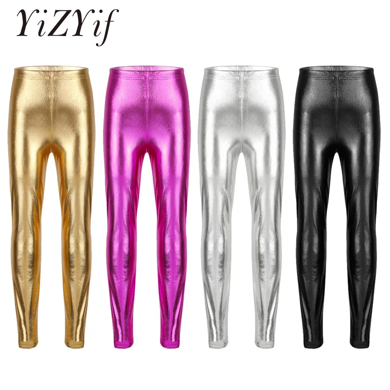 

YiZYiF Girls Metallic Color Pants Shiny Stretch Leggings Skinny Pants Jazz Leggings Ballet Costumes Kids Jazz Dance Competitions
