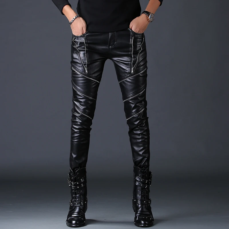 Новая мода для мужчин мото сценическая одежда Полная длина PU искусственная кожа брюки slim fit обтягивающие Сращенные Брюки Осень Зима теплые брюки