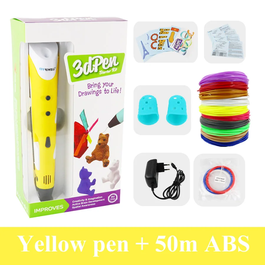 Myriwell 3d принтер Ручка 1,75 мм ABS 3D печать Ручка для рисования 3D ручки для детей игрушки Рождество подарок на день рождения 3D Ручка - Цвет: Yellow with 50m ABS