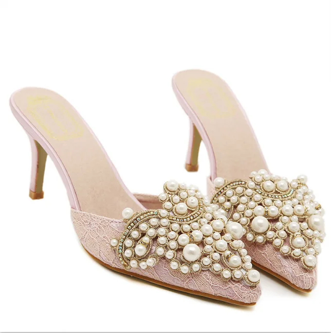 

Pearl Rhinestone Sandals Woman Lace Beads Sharp Slipper Sandals