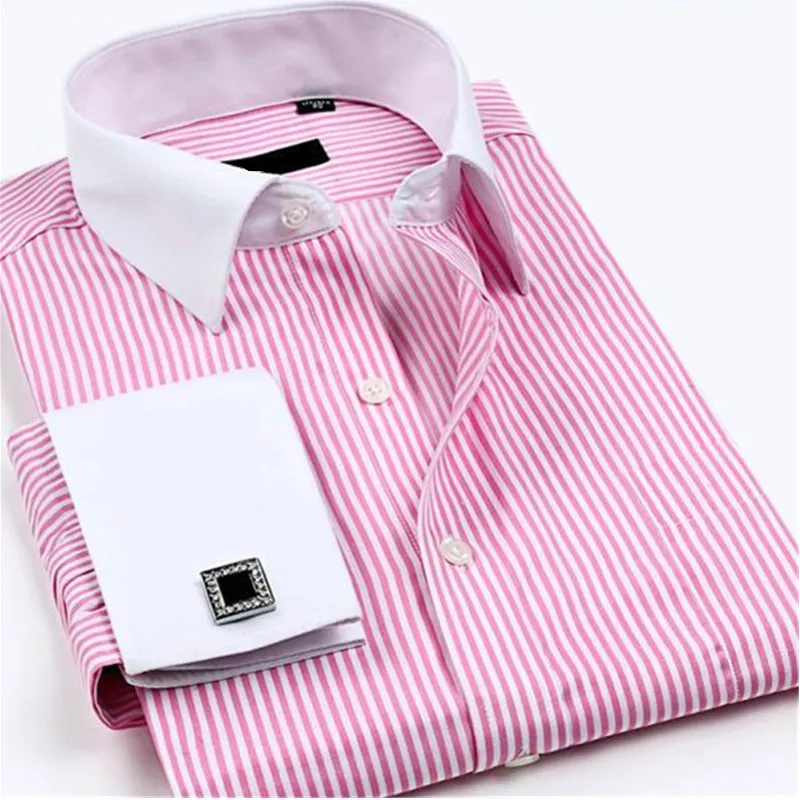 

New mens Patchwork stripes long sleeve shirt high quality Business French cufflinks Tuxedo dress shirts cotton male blouse shirt
