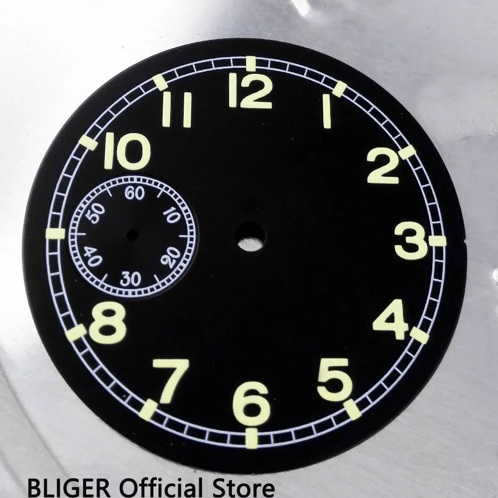 

Fit For ETA 6497 Hand-Winding Movement 38.9MM Black Sterile Dial Luminous Numerals Watch Dial Made By BLIGER Factory D14