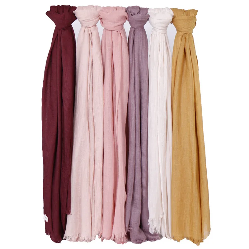 190*120cm oversize women muslim plain frayed hijab scarf femme musulman headscarf islamic shawls crinkle solid pashmina hijabs