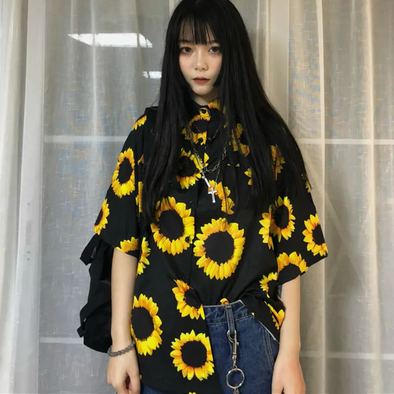 

Vintage Flowers Shirts Blouses Harajuku Sunflower Printed Short Sleeved Single-breasted Cardigan Turn Down Collar Tops Blusas