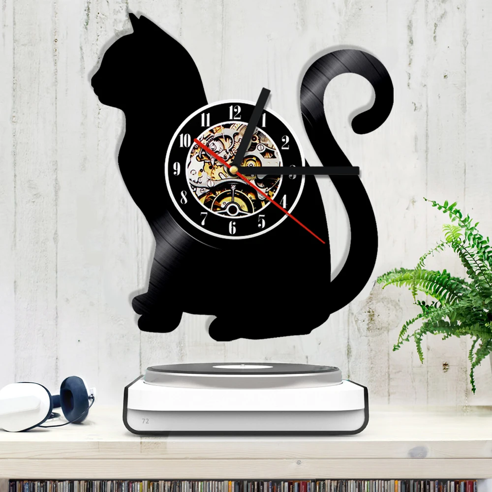 Виниловые часы Cat Silhouette с изображением котят животных кошек кварцевые ручной