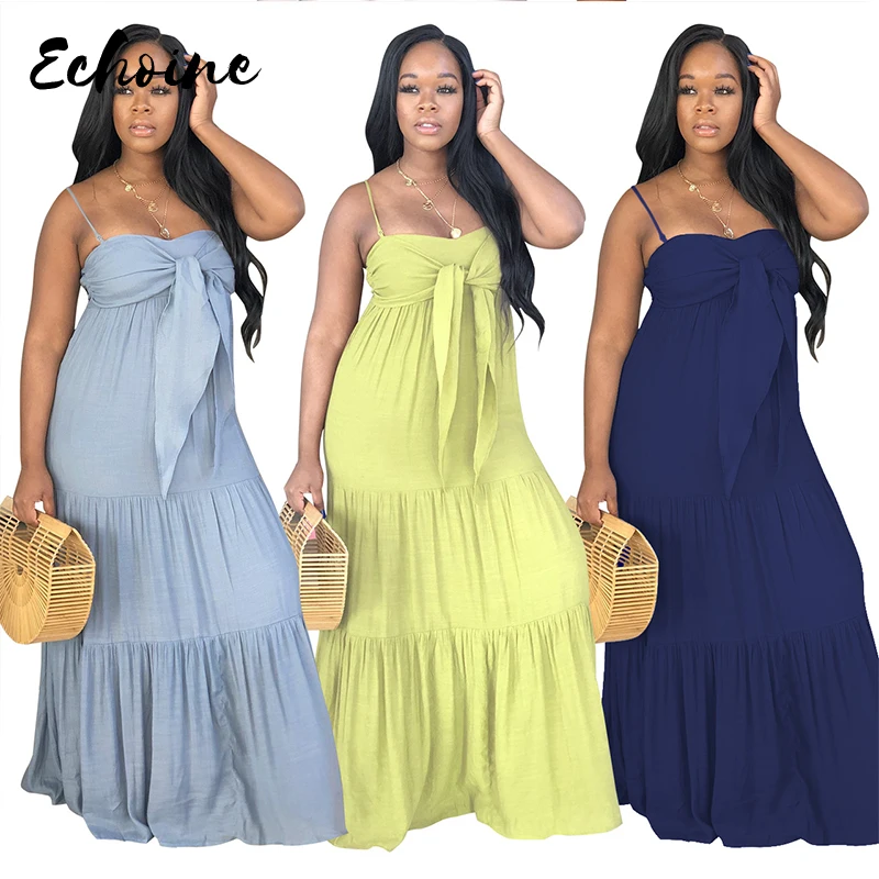 

Echoine Spaghetti Strap Tie Up Loose Casual Long Dress Sexy Sleeveless Ruffles Splicing Bohemian Plus Size S-XXL Beach Dresses