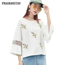 Женский сезон: весна–лето новинка, футболки с рукавом-бабочка, Для женщин с модным цветочным рисунком; топ с вышивкой женские, повседневные, свободные милая вещь JQ91