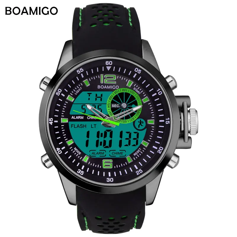 Мужские спортивные часы BOAMIGO брендовые кварцевые часы аналогово-цифровые светодиодный резиновый ремешок для часов 30 м Водонепроницаемые наручные часы reloj hombre - Цвет: new green no box