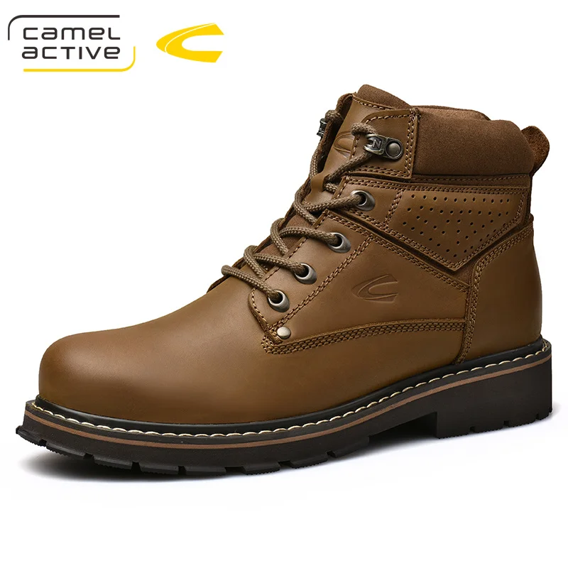 Camel Active New Top Quality Mens Winter Fashion Genuine Leather Round Toe Lace Up Motorcycle Boots Ankle Boots Wool Snow Boots