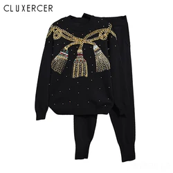Women Tracksuits Two Piece Set Women Fashion Handmade Beading Sequined Bow Pullover Sweater +Pants Suits Casual Women's Suits Women Tracksuits Two Piece Set Women Fashion Handmade Beading Sequined Bow Pullover Sweater +Pants Suits Casual Women's Suits
