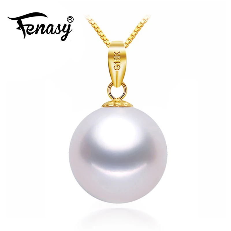 

FENASY 18K Yellow Gold Pendant Pearl Jewelry Necklaces & Pendant For Lovers Brand Round Pearl Pendant Send S925 Silver Necklace