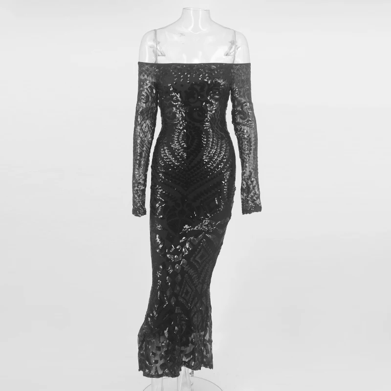 Сексуальное Платье макси с блестками, стрейч, длина до пола, темно-синие вечерние платья с блестками, с длинным рукавом, облегающее сексуальное платье с открытыми плечами - Color: Black2