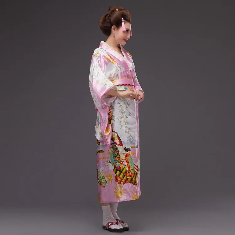 Розовые новые Японские Женские шелковые атласные кимоно юката вечернее платье Haori кимоно с Obi кимоно японской гейши один размер